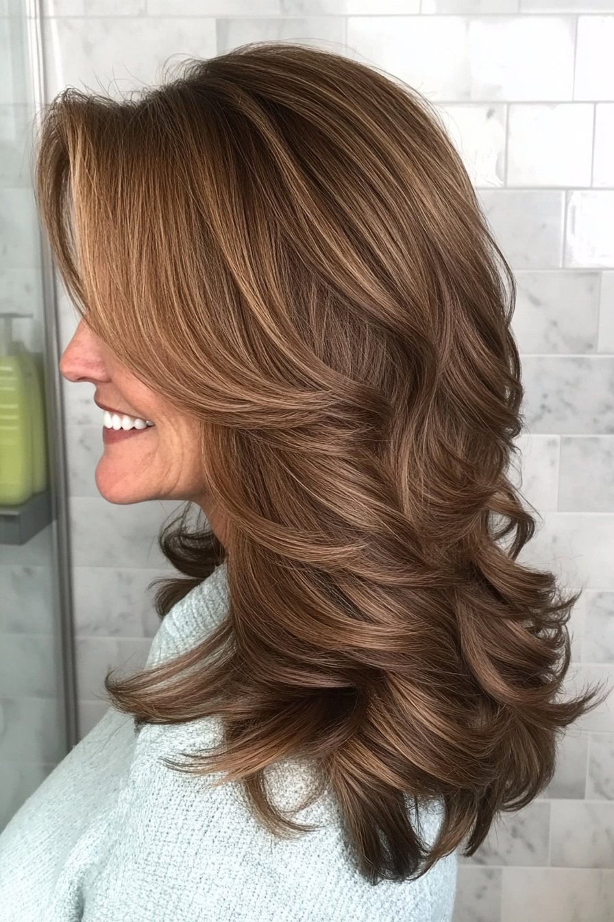 20. Mid-Length Layered Waves in Hazelnut Brown (Layered Hairstyles For Women Over 50) - Layered Hairstyles For Women Over 50