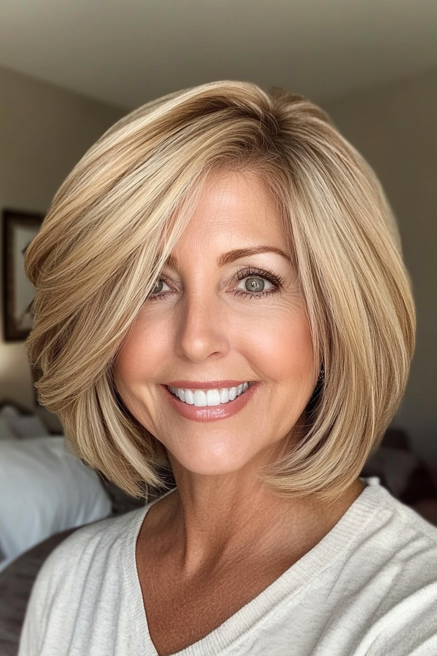 21. Rounded Bob with Soft Layers in Warm Honey Blonde (Layered Hairstyles For Women Over 50) - Layered Hairstyles For Women Over 50
