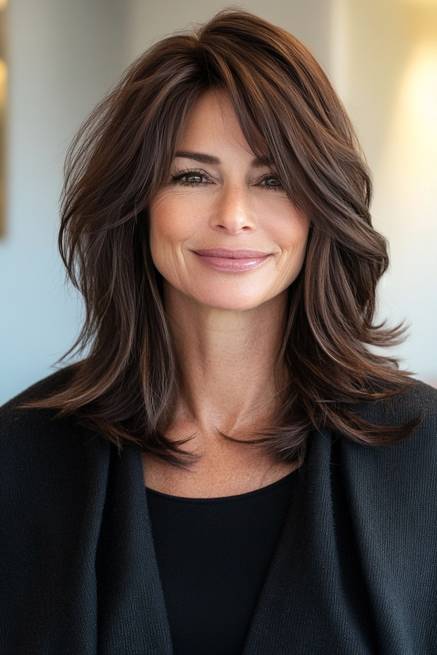 22. Lob with Curtain Bangs in Dark Chocolate Brown (Layered Hairstyles For Women Over 50) - Layered Hairstyles For Women Over 50
