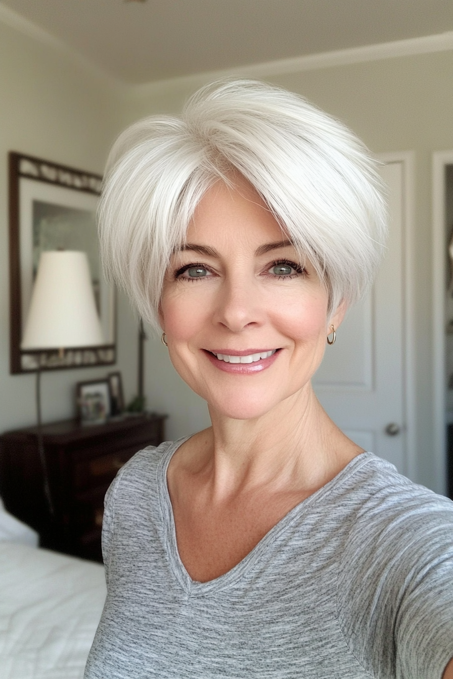 24. Tapered Pixie with Wispy Layers in Natural White (Layered Hairstyles For Women Over 50) - Layered Hairstyles For Women Over 50