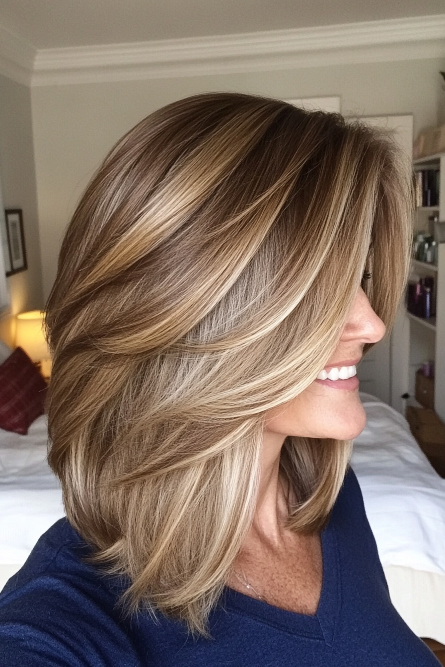 25. Soft Layered Lob with Bronde Balayage (Layered Hairstyles For Women Over 50) - Layered Hairstyles For Women Over 50