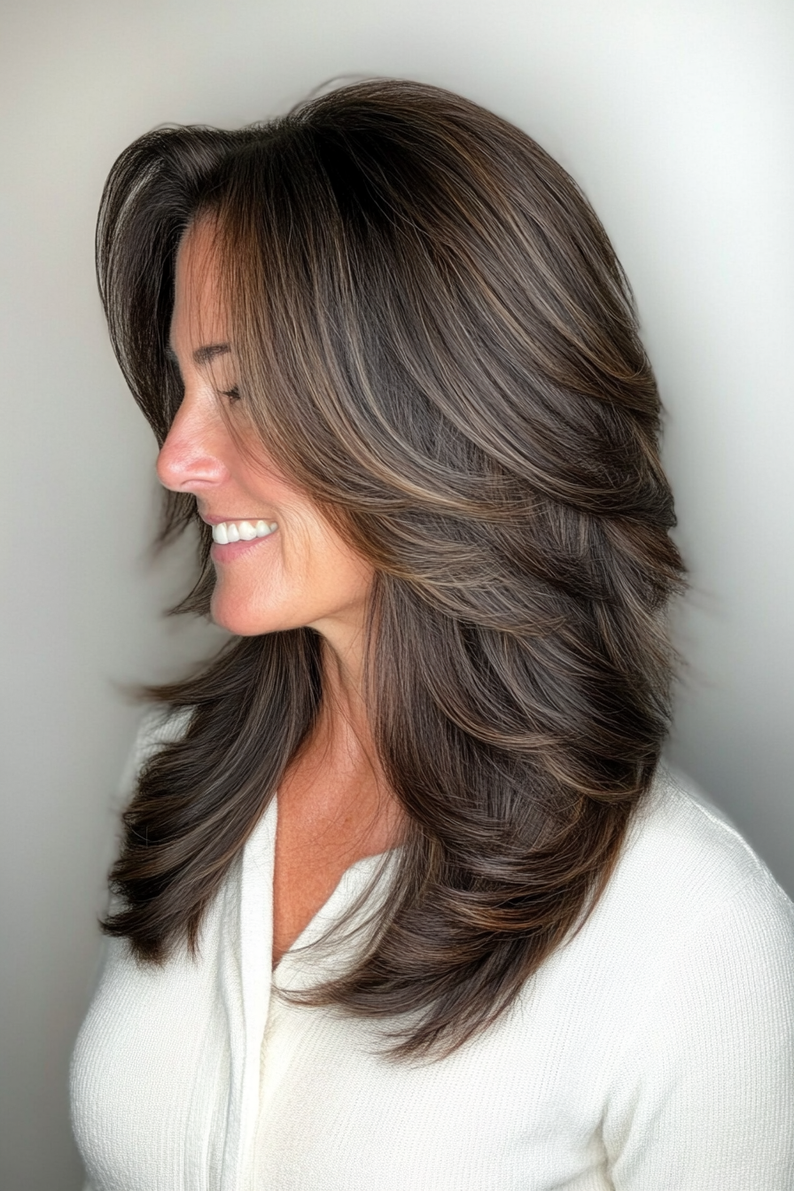 26. Face-Framing Layered Cut in Espresso Brown with Subtle Chestnut Streaks (Layered Hairstyles For Women Over 50) - Layered Hairstyles For Women Over 50