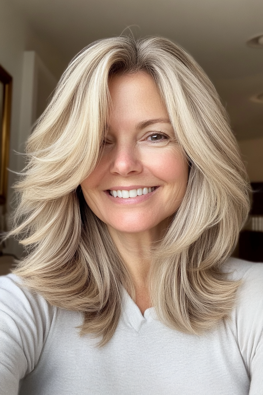 27. Mid-Length Layered Flip in Sandy Blonde (Layered Hairstyles For Women Over 50) - Layered Hairstyles For Women Over 50