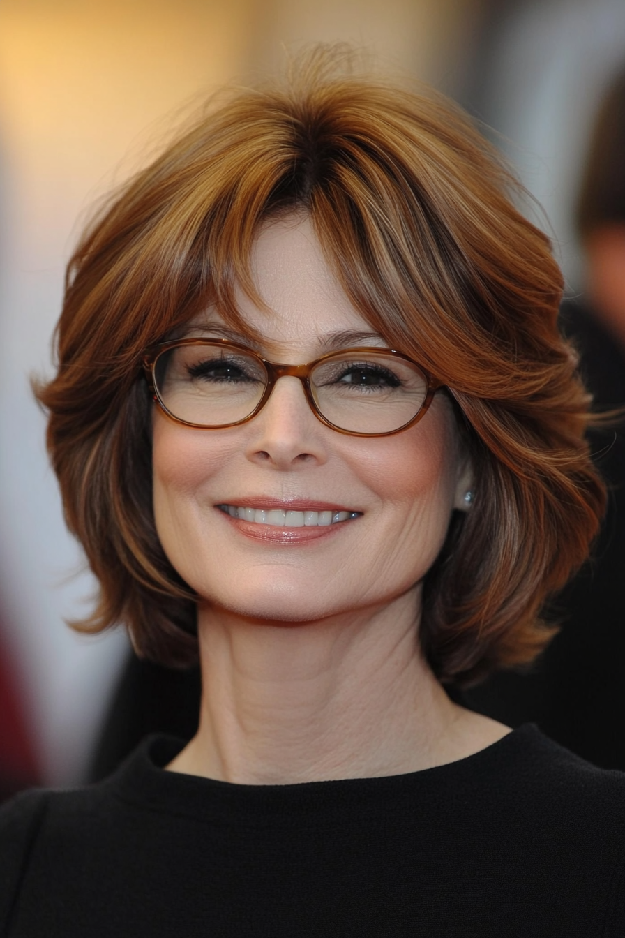 2. Warm Chestnut Layered Bob (Short Hairstyles For Women Over 70 With Glasses) - Short Hairstyles For Women Over 70 With Glasses