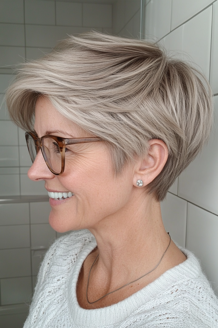 4. Short Feathered Ash Blonde Cut (Short Hairstyles For Women Over 70 With Glasses) - Short Hairstyles For Women Over 70 With Glasses