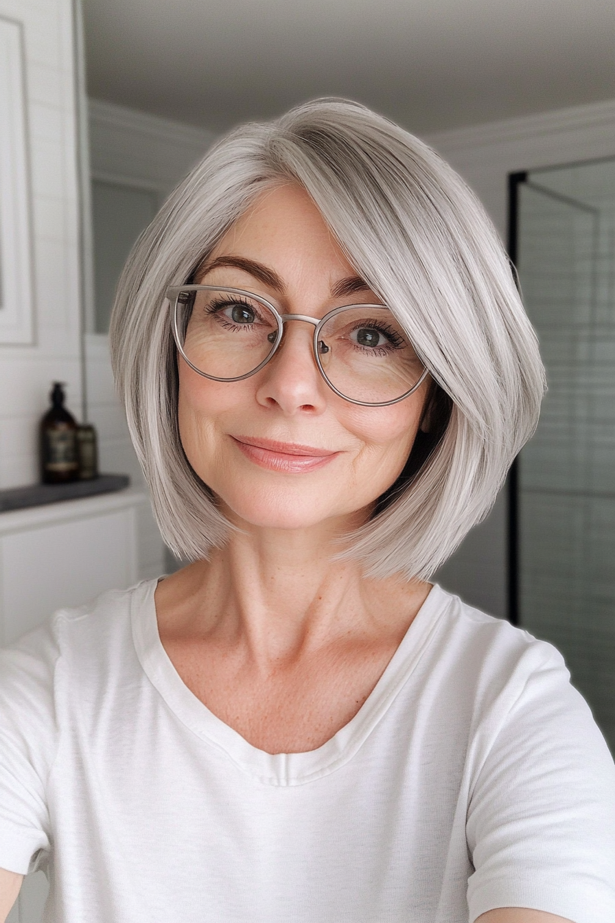7. Layered Silver Bob with Side Part (Short Hairstyles For Women Over 70 With Glasses) - Short Hairstyles For Women Over 70 With Glasses