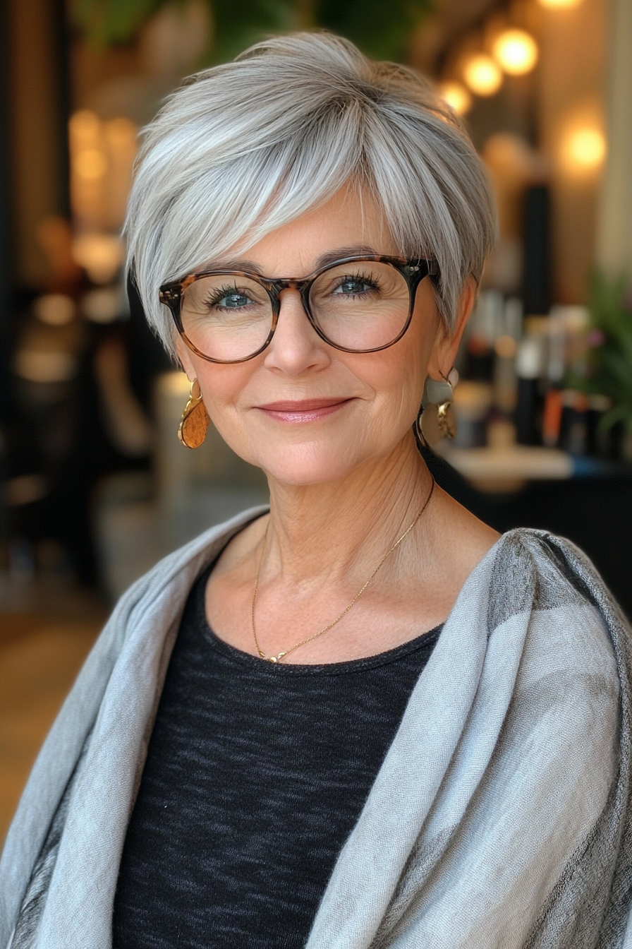 11. Salt-and-Pepper Layered Pixie (Short Hairstyles For Women Over 70 With Glasses) - Short Hairstyles For Women Over 70 With Glasses
