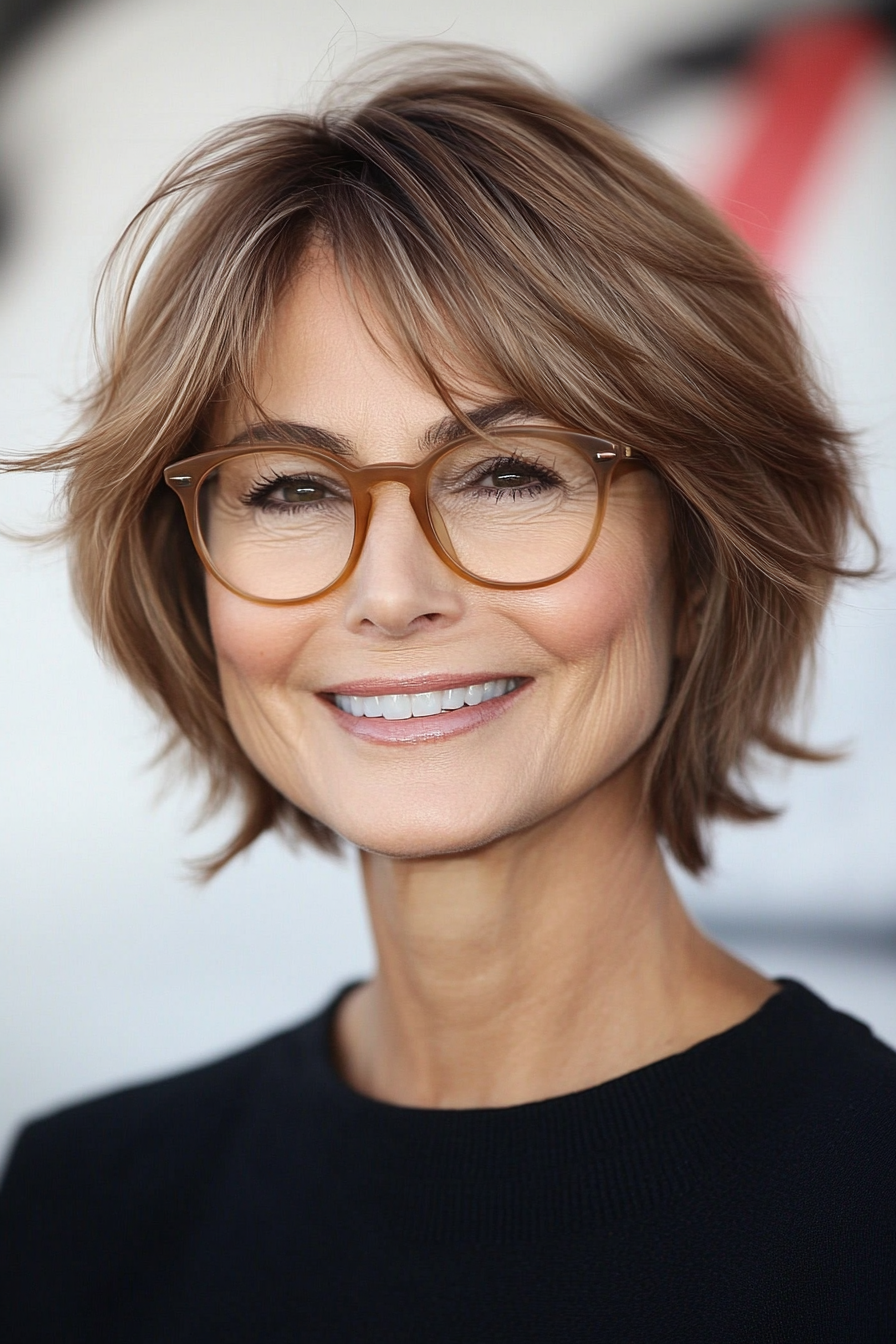 13. Caramel Brown Wispy Bob (Short Hairstyles For Women Over 70 With Glasses) - Short Hairstyles For Women Over 70 With Glasses
