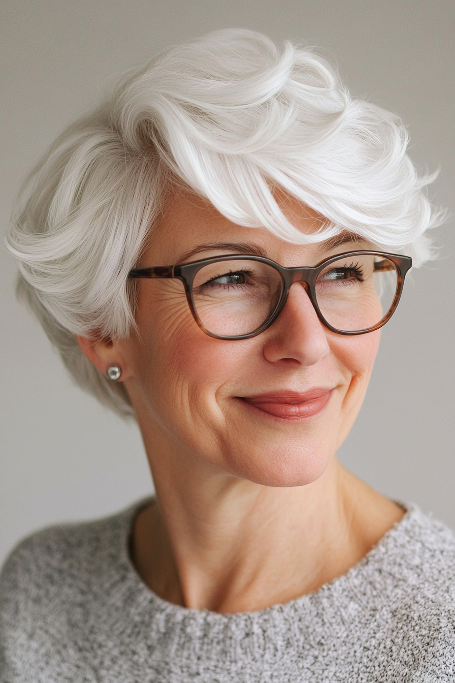 14. Short Snowy White Waves (Short Hairstyles For Women Over 70 With Glasses) - Short Hairstyles For Women Over 70 With Glasses