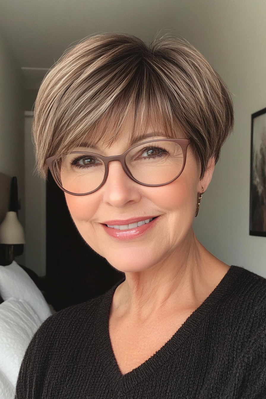 18. Brunette Cropped Cut with Side Bangs (Short Hairstyles For Women Over 70 With Glasses) - Short Hairstyles For Women Over 70 With Glasses