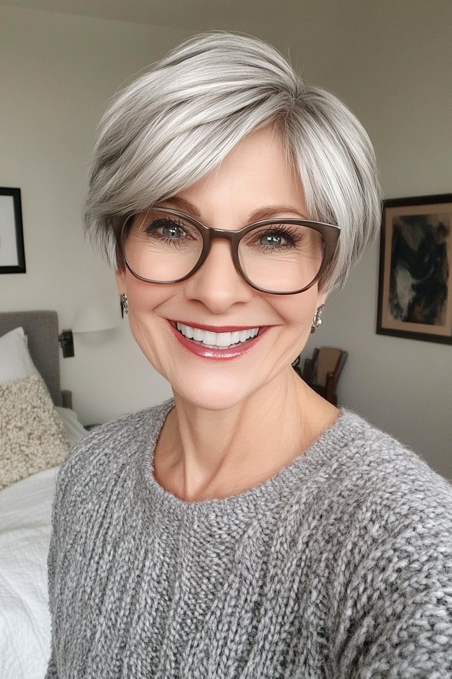 19. Silver Balayage Pixie Bob (Short Hairstyles For Women Over 70 With Glasses) - Short Hairstyles For Women Over 70 With Glasses