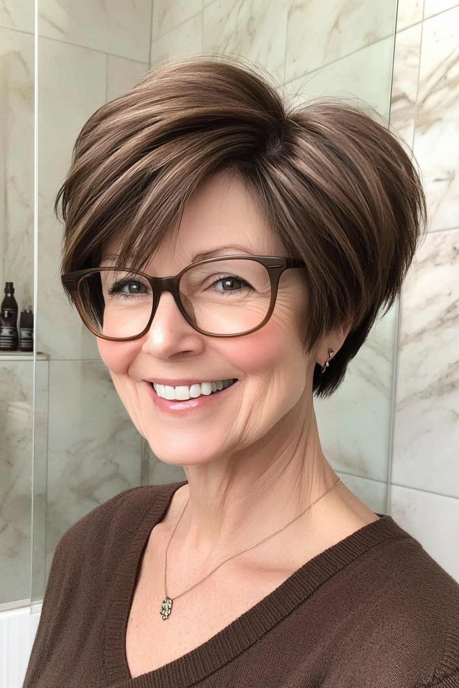 26. Dark Mocha Short Stacked Bob (Short Hairstyles For Women Over 70 With Glasses) - Short Hairstyles For Women Over 70 With Glasses