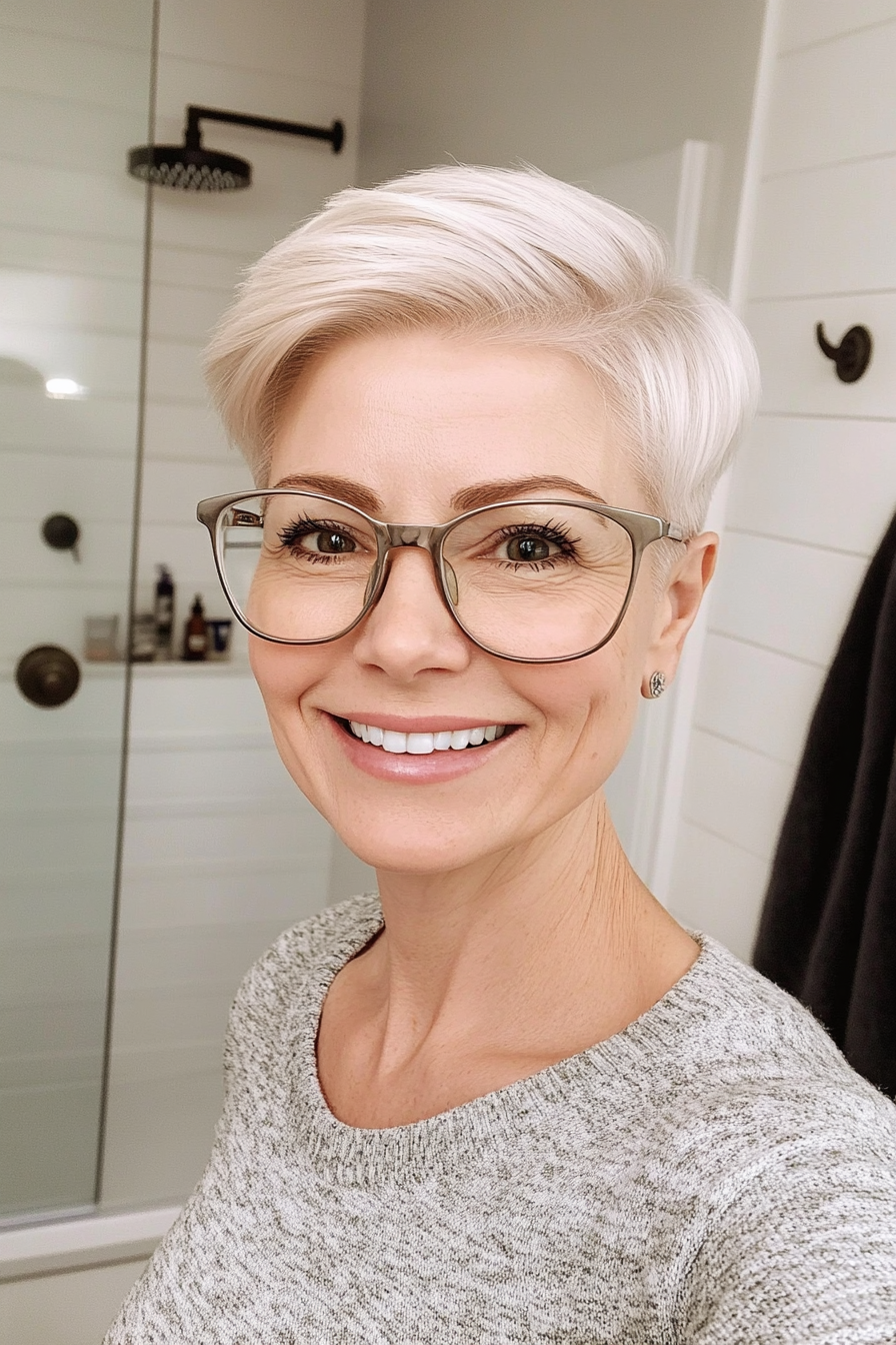 27. Silky Platinum Blonde Pixie (Short Hairstyles For Women Over 70 With Glasses) - Short Hairstyles For Women Over 70 With Glasses