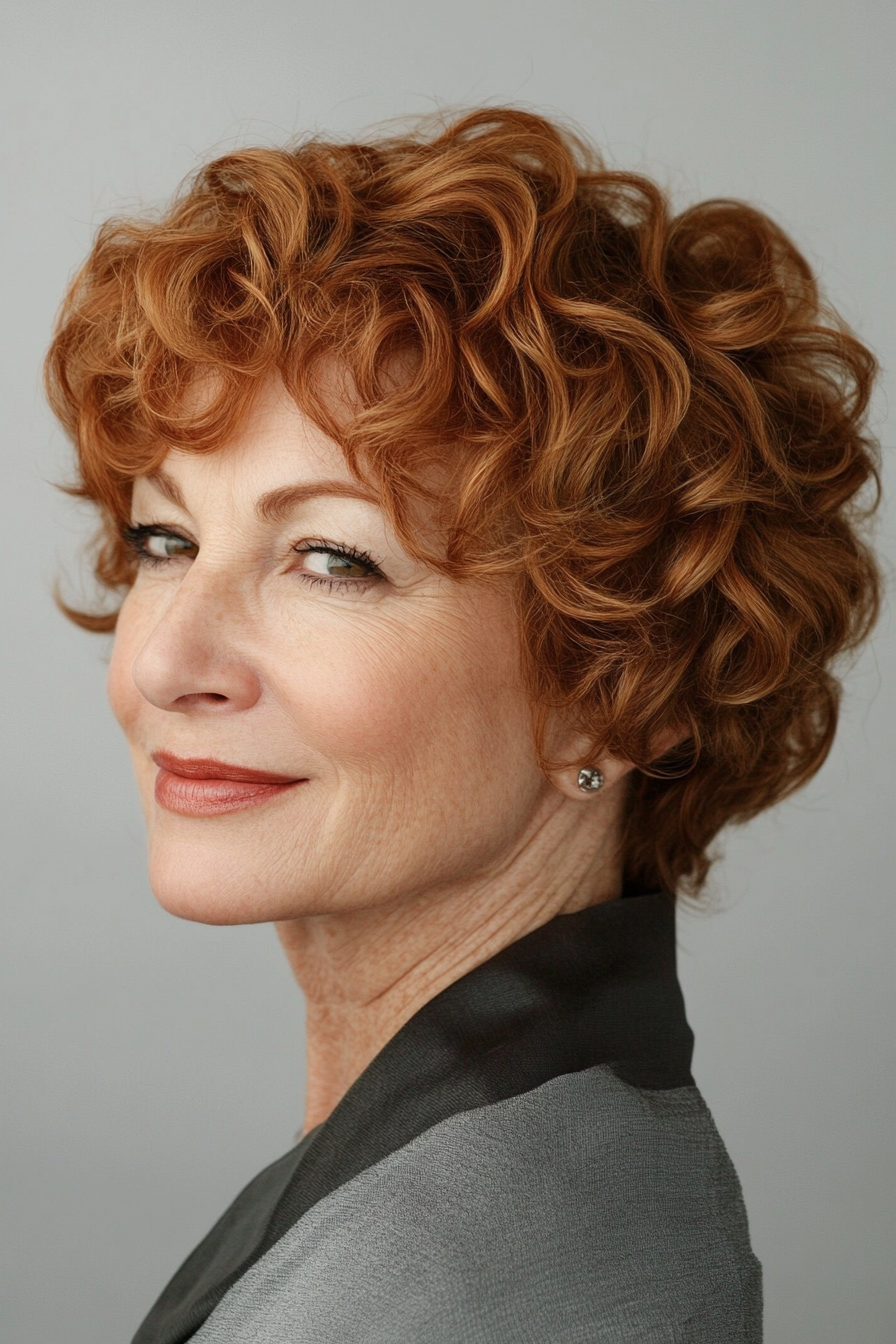 2. Warm Chestnut Curly Pixie (Short Curly Hairstyles For Women Over 60) - Short Curly Hairstyles For Women Over 60