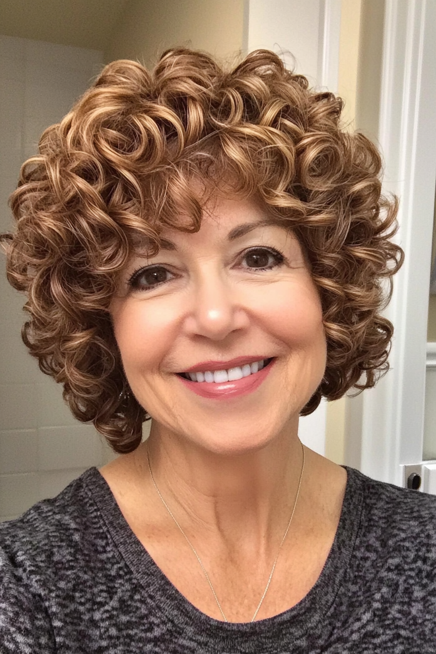 10. Caramel Brown Layered Curls (Short Curly Hairstyles For Women Over 60) - Short Curly Hairstyles For Women Over 60