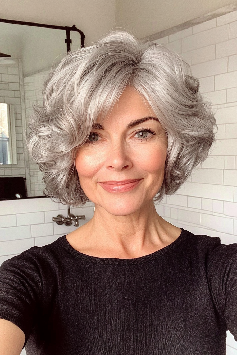 11. Silver Champagne Bob with Side Bangs (Short Curly Hairstyles For Women Over 60) - Short Curly Hairstyles For Women Over 60
