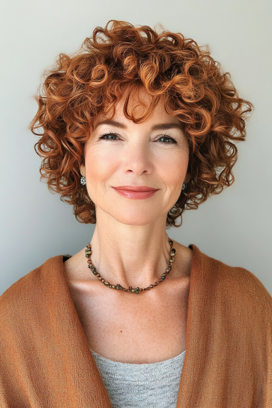 17. Warm Cinnamon Curly Pixie (Short Curly Hairstyles For Women Over 60) - Short Curly Hairstyles For Women Over 60