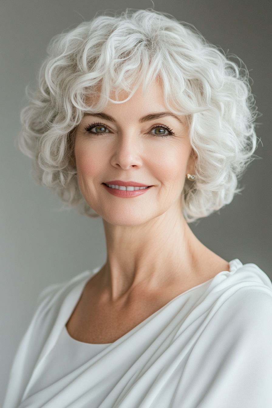 20. Silky White Soft Layered Cut (Short Curly Hairstyles For Women Over 60) - Short Curly Hairstyles For Women Over 60