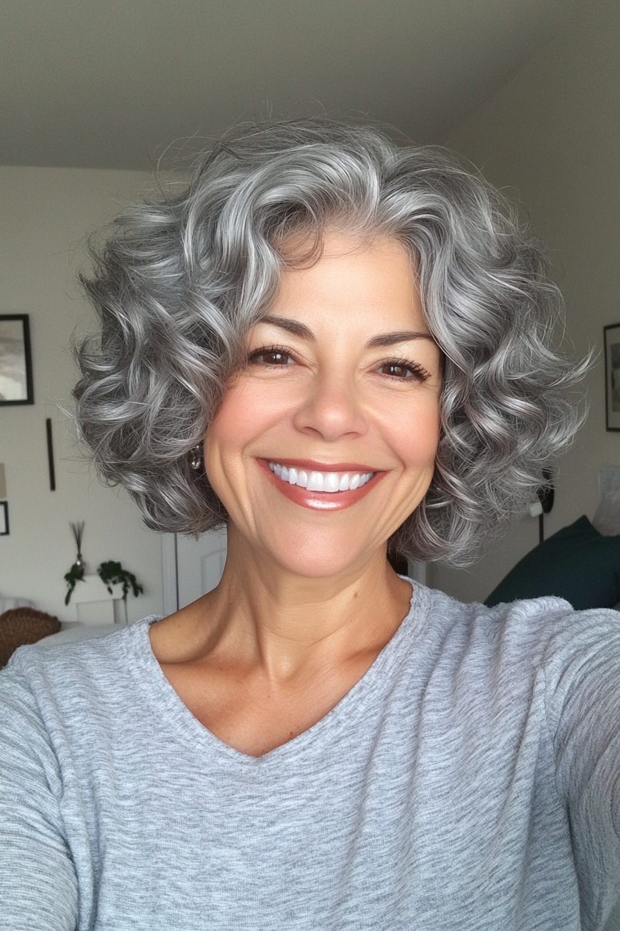 26. Smoky Silver Wispy Bob (Short Curly Hairstyles For Women Over 60) - Short Curly Hairstyles For Women Over 60