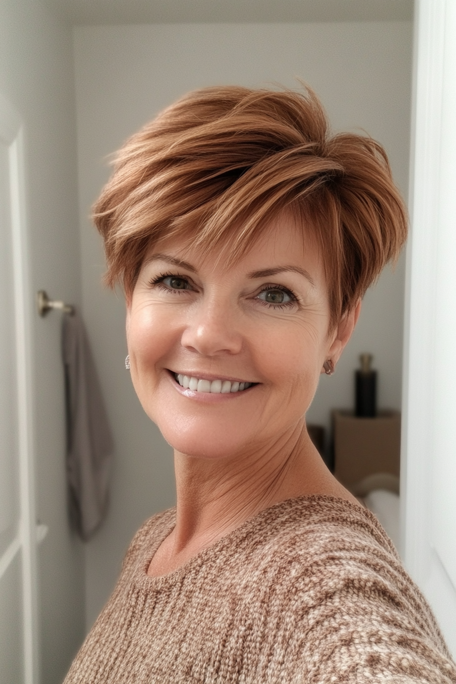 2. Feathered Pixie with Warm Chestnut Tones (Pixie Hairstyles For Women Over 40) - Pixie Hairstyles For Women Over 40
