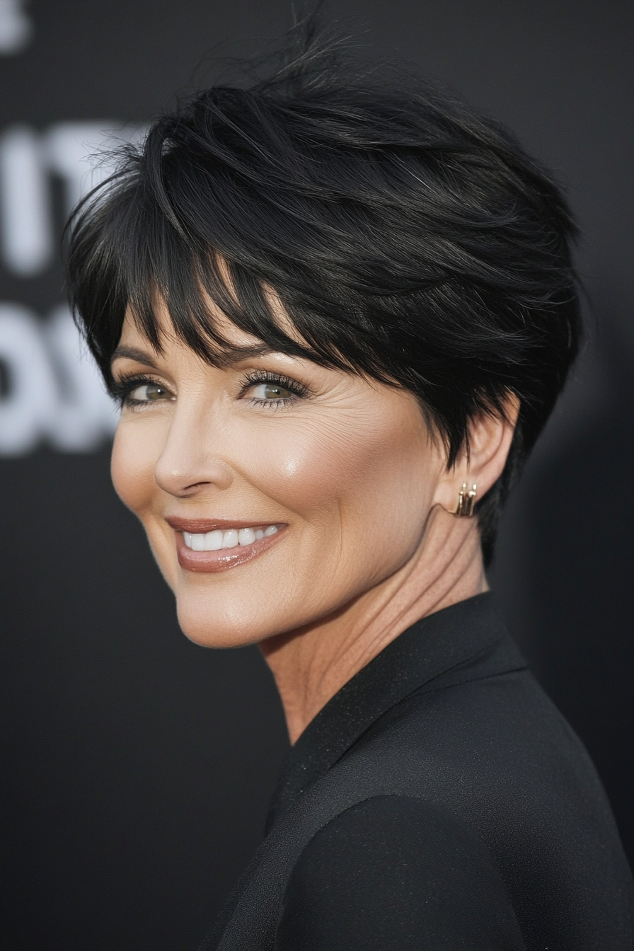 3. Layered Pixie with Deep Black Elegance (Pixie Hairstyles For Women Over 40) - Pixie Hairstyles For Women Over 40