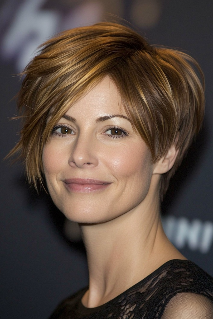 7. Long Bangs Pixie in Warm Honey Brown (Pixie Hairstyles For Women Over 40) - Pixie Hairstyles For Women Over 40