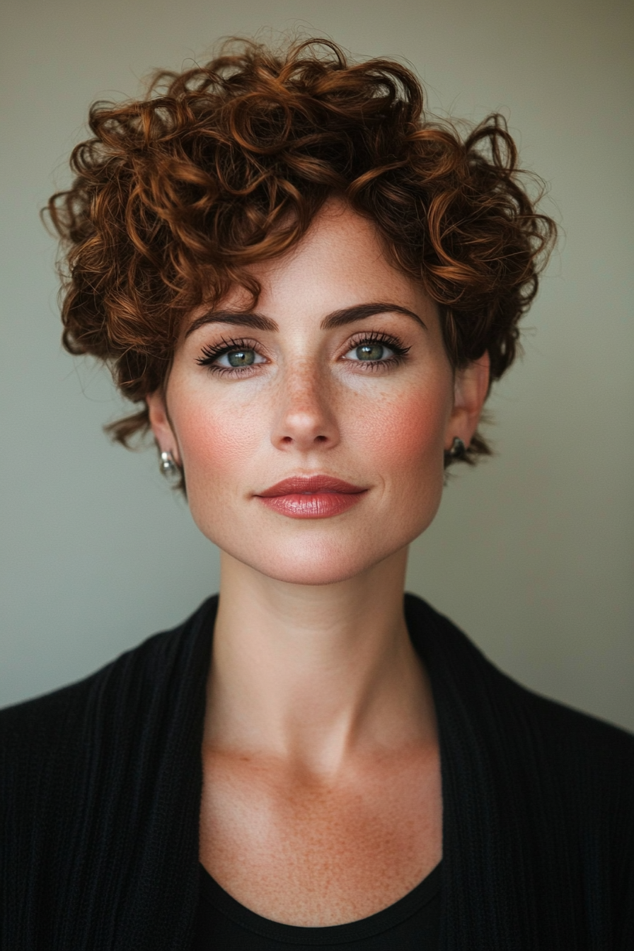 9. Curly Pixie in Dark Auburn (Pixie Hairstyles For Women Over 40) - Pixie Hairstyles For Women Over 40