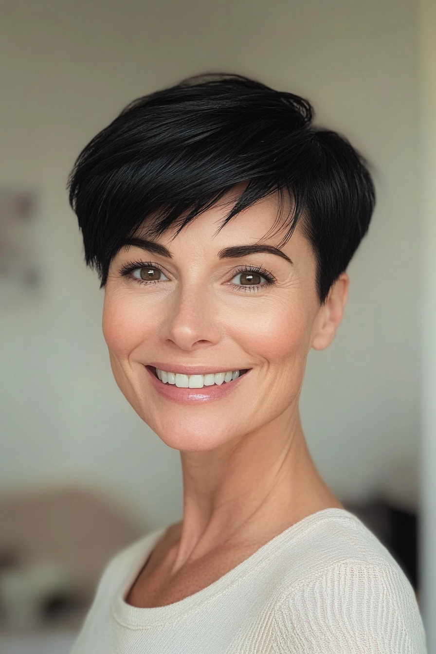 11. Sleek Pixie in Natural Jet Black (Pixie Hairstyles For Women Over 40) - Pixie Hairstyles For Women Over 40