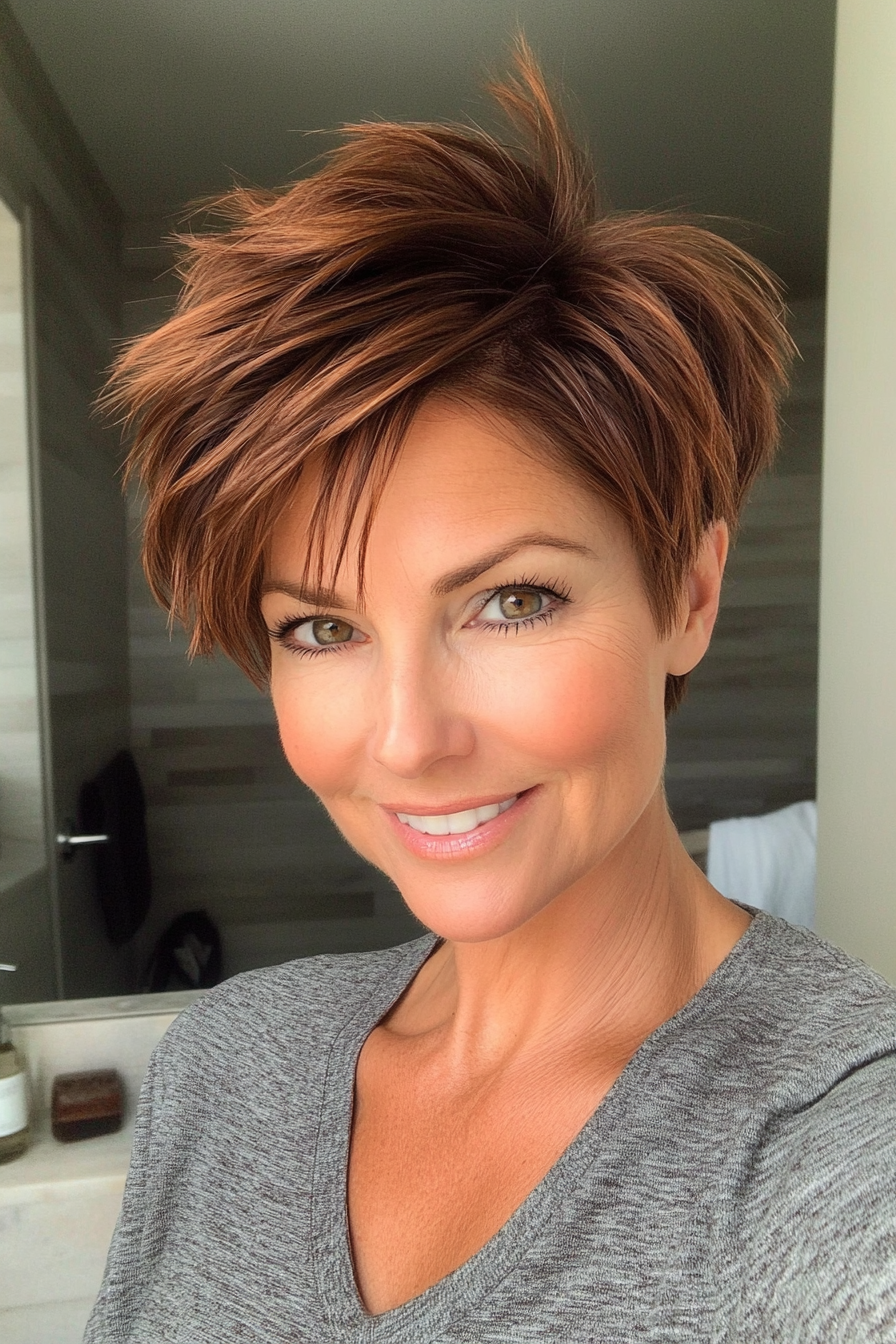 12. Edgy Pixie in Rich Chestnut (Pixie Hairstyles For Women Over 40) - Pixie Hairstyles For Women Over 40