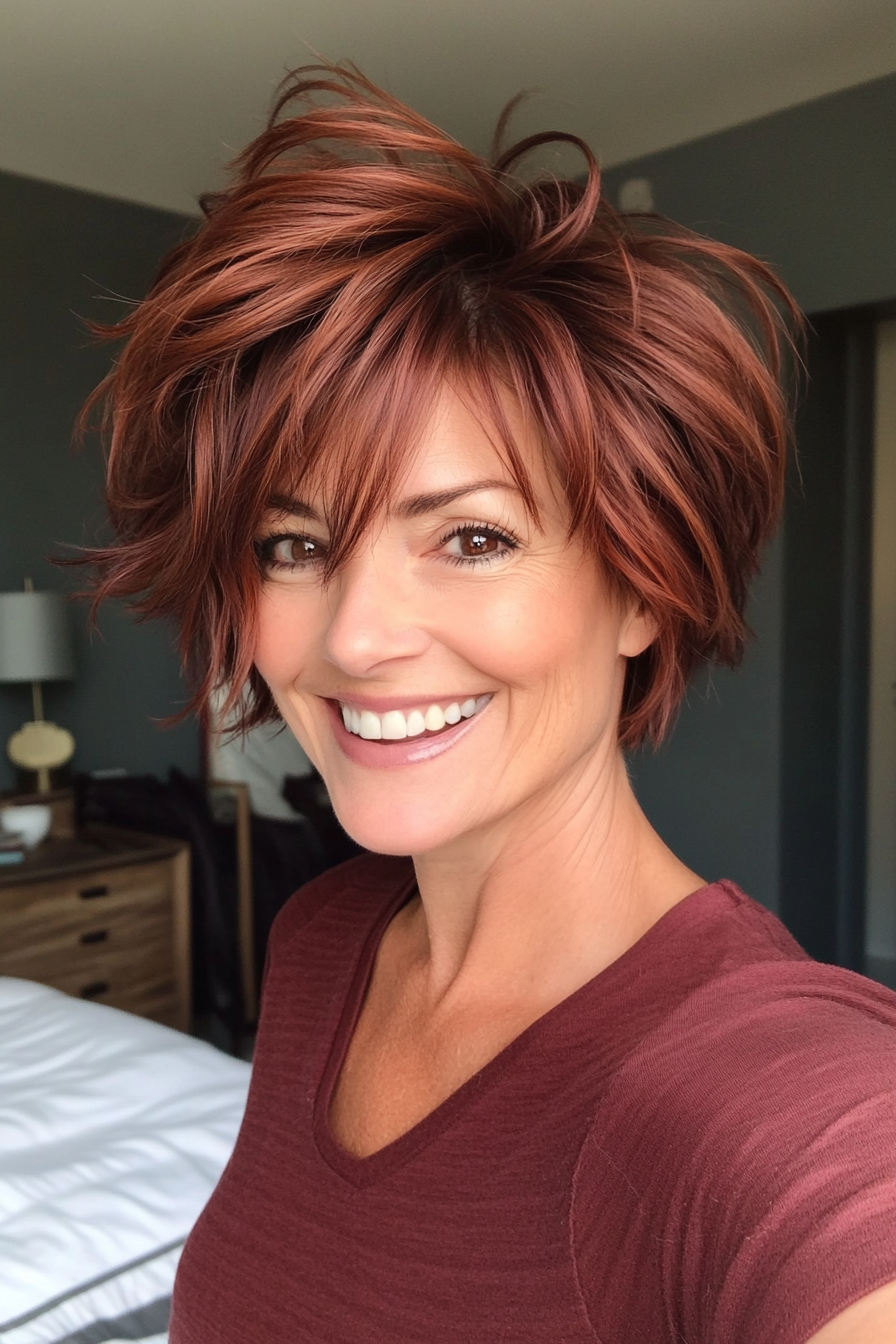 14. Shaggy Pixie in Warm Mahogany (Pixie Hairstyles For Women Over 40) - Pixie Hairstyles For Women Over 40