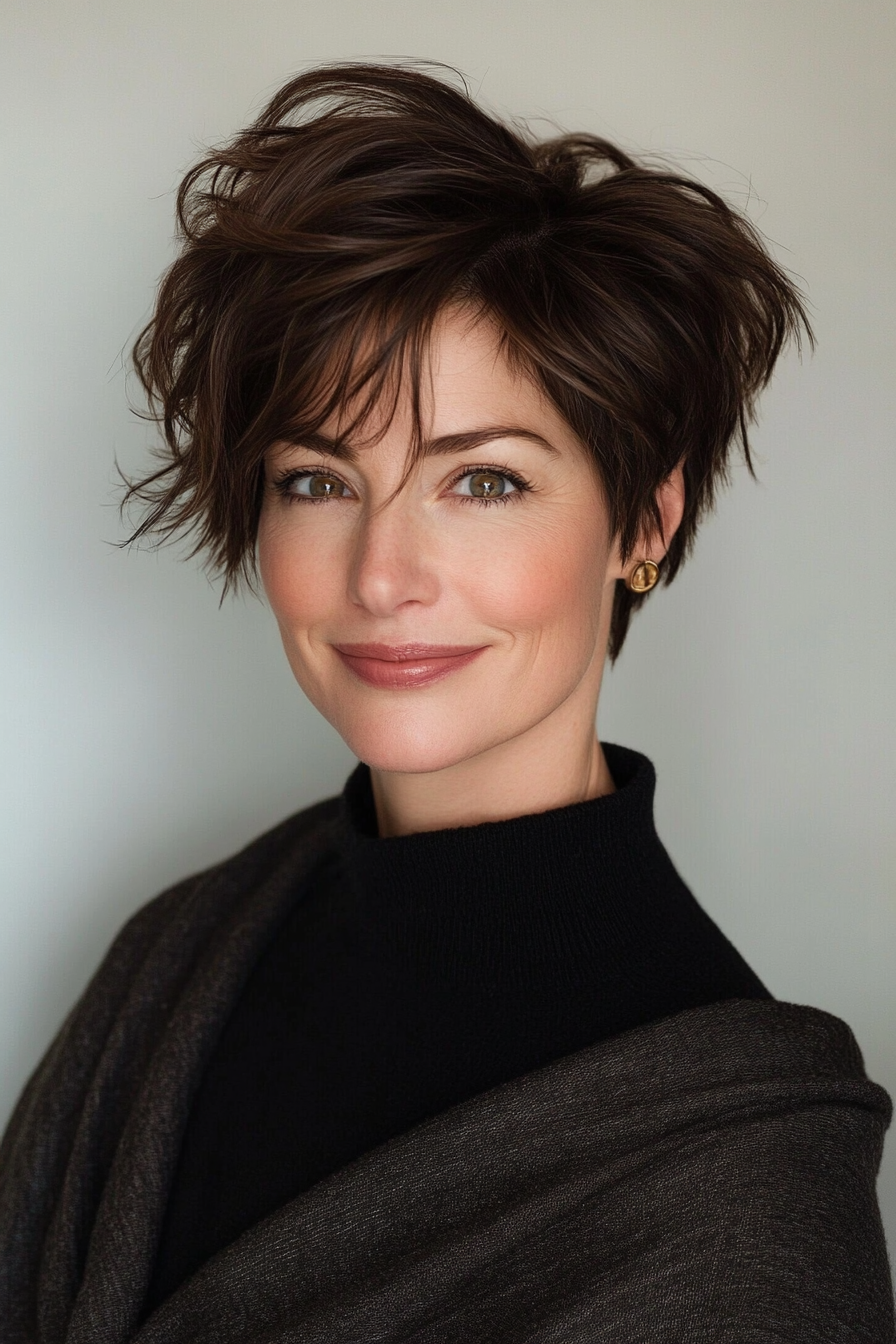 15. Pixie Bob in Dark Chocolate Brown (Pixie Hairstyles For Women Over 40) - Pixie Hairstyles For Women Over 40