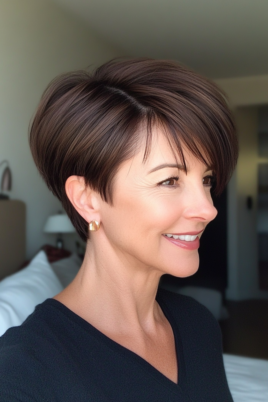 16. Boyish Pixie in Deep Brunette (Pixie Hairstyles For Women Over 40) - Pixie Hairstyles For Women Over 40