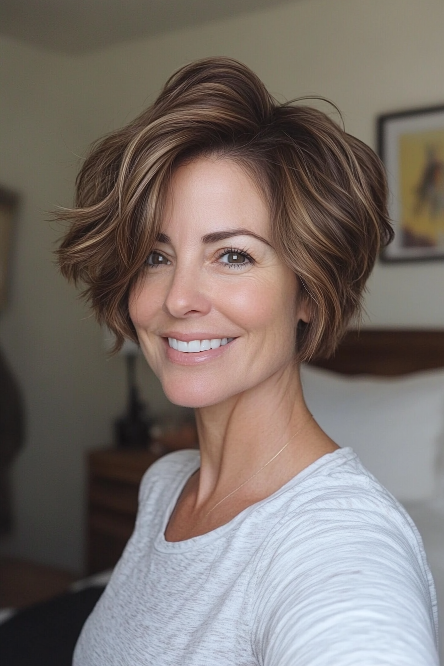 17. Wavy Crop Pixie in Soft Mocha Brown (Pixie Hairstyles For Women Over 40) - Pixie Hairstyles For Women Over 40