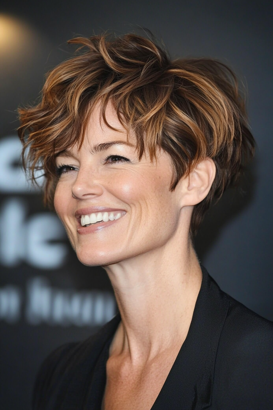 19. Tousled Pixie in Chestnut Brunette (Pixie Hairstyles For Women Over 40) - Pixie Hairstyles For Women Over 40
