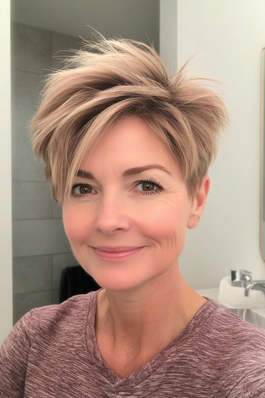 22. Wispy Pixie in Light Sandy Brown (Pixie Hairstyles For Women Over 40) - Pixie Hairstyles For Women Over 40