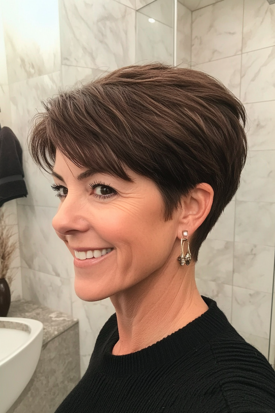 24. Chin-Length Pixie in Chocolate Mocha (Pixie Hairstyles For Women Over 40) - Pixie Hairstyles For Women Over 40
