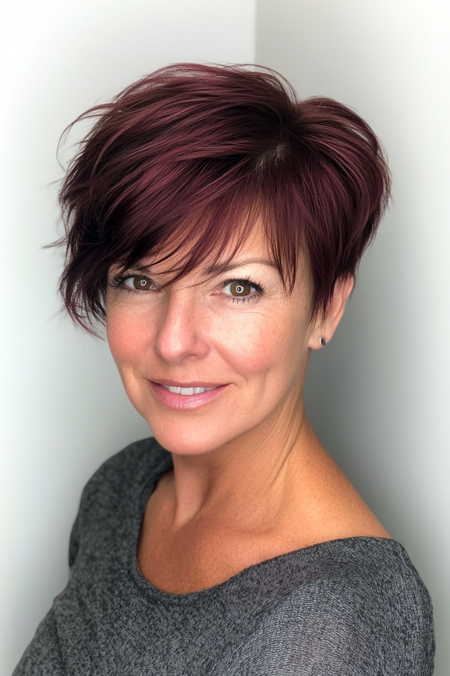 26. Pixie with Side Fringe in Deep Burgundy Brown (Pixie Hairstyles For Women Over 40) - Pixie Hairstyles For Women Over 40