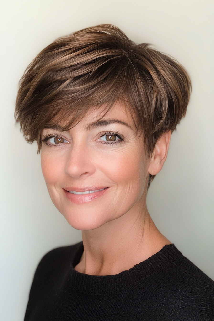 27. Polished Pixie in Classic Warm Brown (Pixie Hairstyles For Women Over 40) - Pixie Hairstyles For Women Over 40