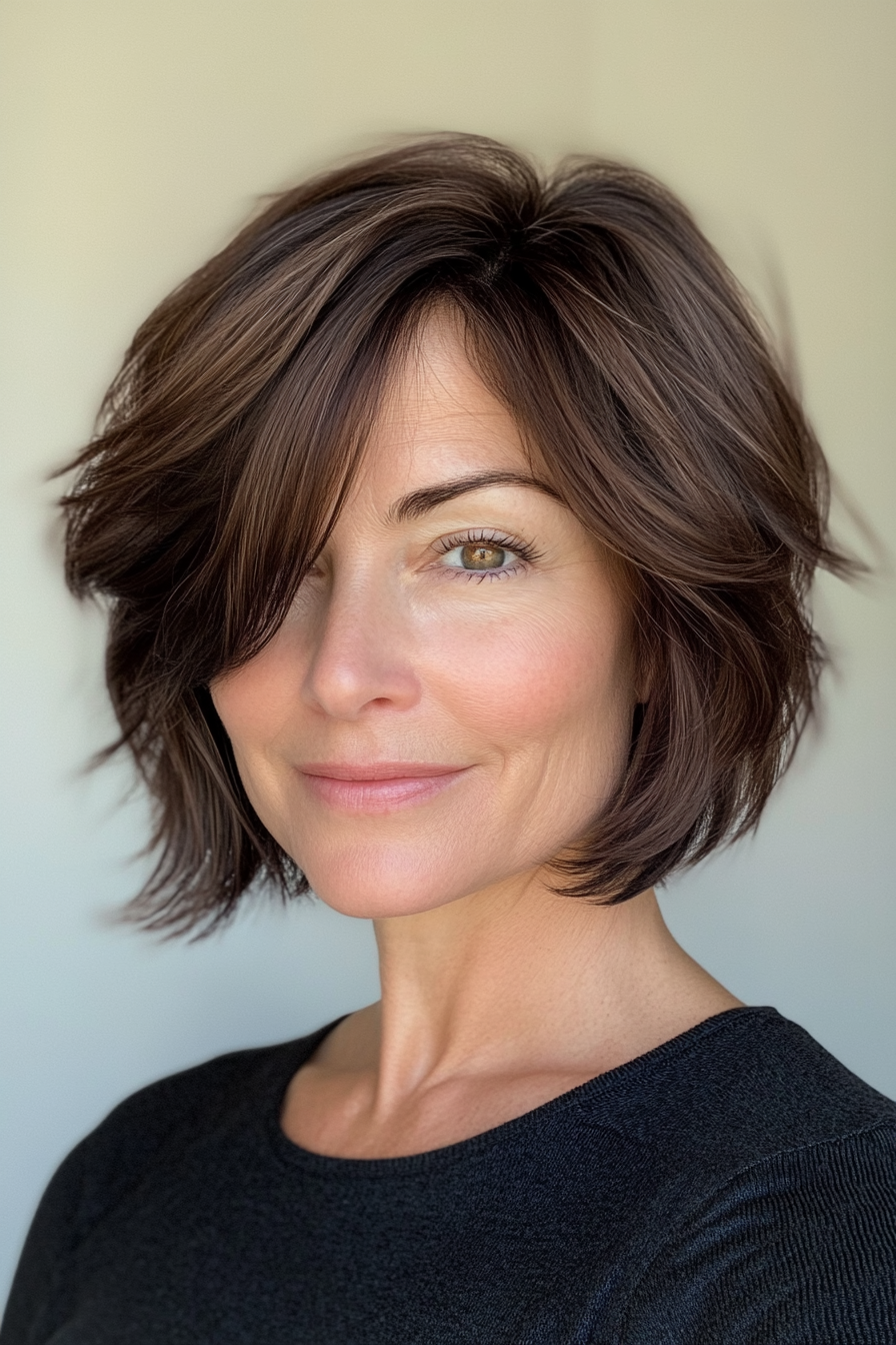 7. Feathered Bob in Natural Dark Brown (Short Haircuts For Women Over 40) - Short Haircuts For Women Over 40
