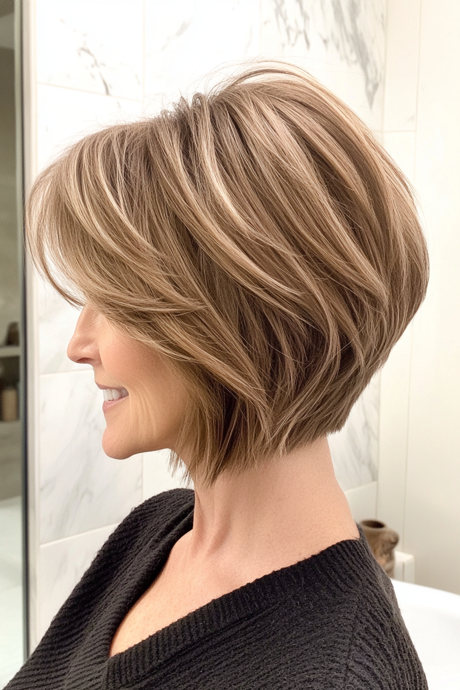 10. Layered Chin-Length Bob in Warm Caramel (Short Haircuts For Women Over 40) - Short Haircuts For Women Over 40