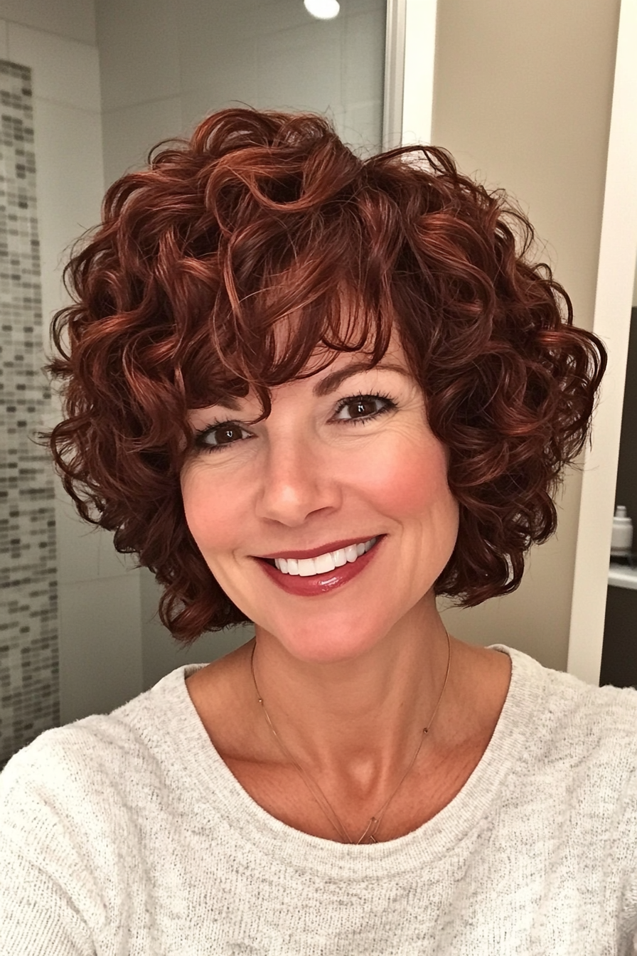 11. Curly Bob in Deep Mahogany (Short Haircuts For Women Over 40) - Short Haircuts For Women Over 40
