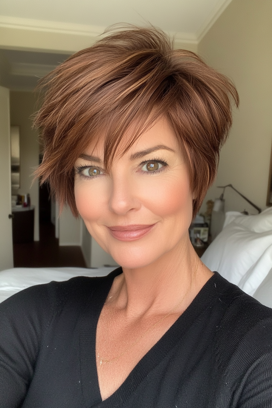 15. Side-Swept Pixie in Deep Chestnut (Short Haircuts For Women Over 40) - Short Haircuts For Women Over 40