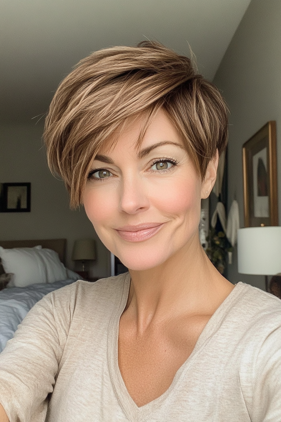 24. Pixie with Side Bangs in Soft Maple Brown (Short Haircuts For Women Over 40) - Short Haircuts For Women Over 40