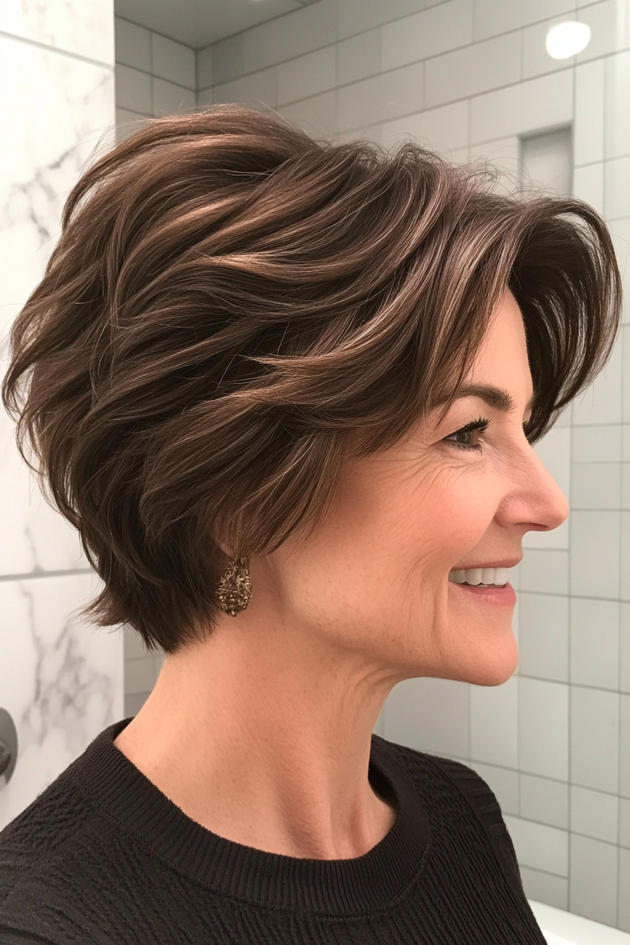 26. Tousled Short Crop in Classic Brunette (Short Haircuts For Women Over 40) - Short Haircuts For Women Over 40