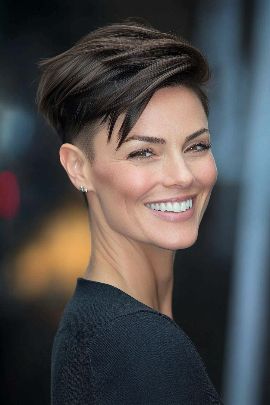 27. Subtle Undercut Pixie in Cool Charcoal Brown (Short Haircuts For Women Over 40) - Short Haircuts For Women Over 40