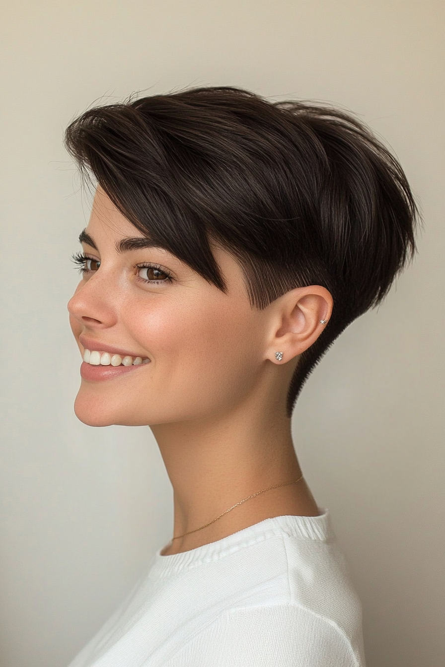9. Sleek Dark Chocolate Pixie Undercut (Undercut Pixie Hairstyles) - Undercut Pixie Hairstyles