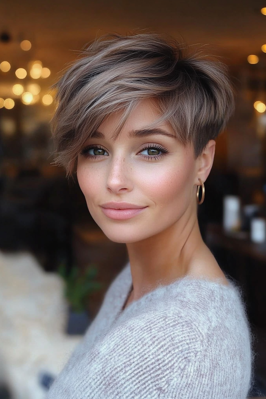 14. Piecey Ash Brown Pixie with Undercut (Undercut Pixie Hairstyles) - Undercut Pixie Hairstyles