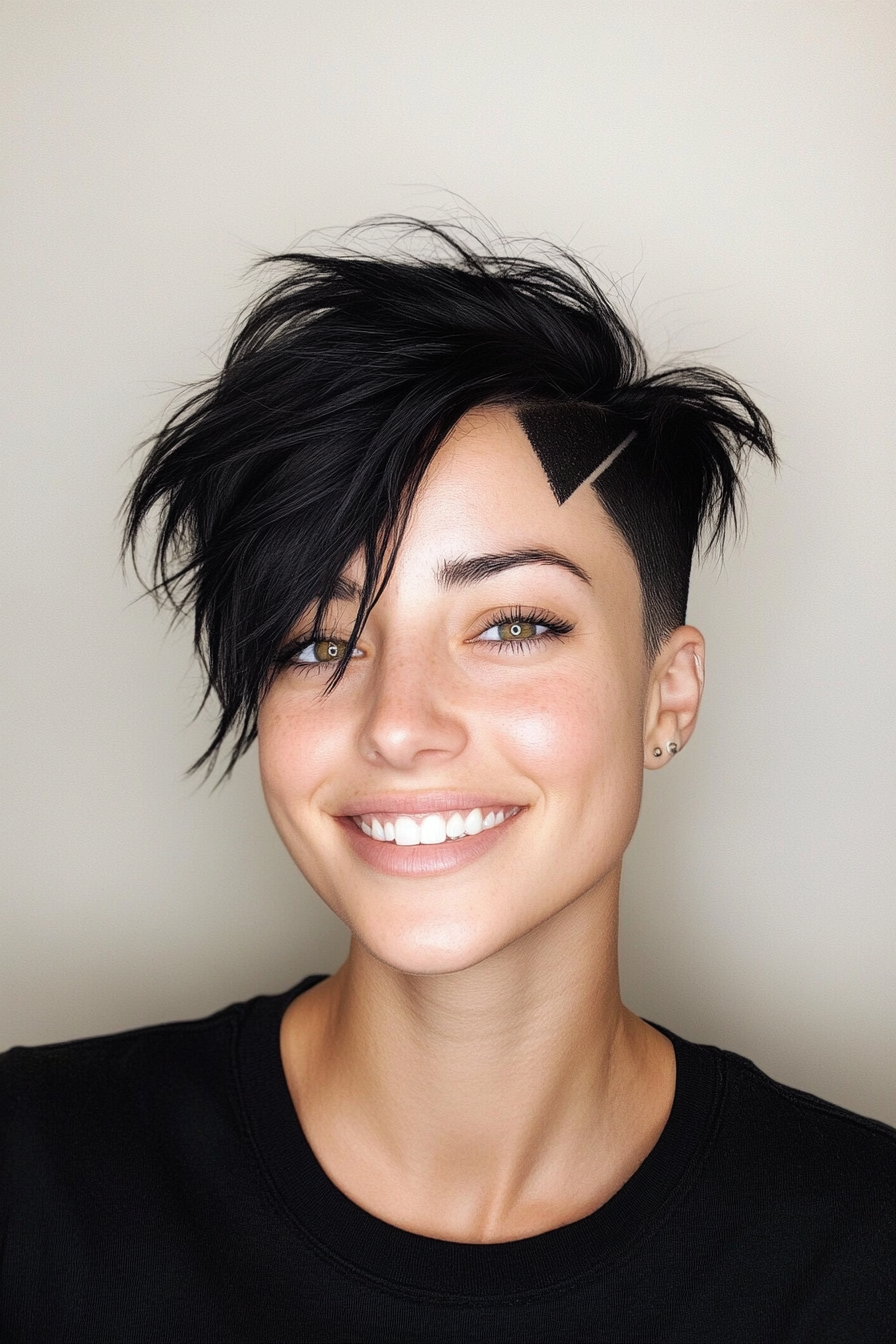 15. Edgy Jet Black Asymmetrical Pixie (Undercut Pixie Hairstyles) - Undercut Pixie Hairstyles