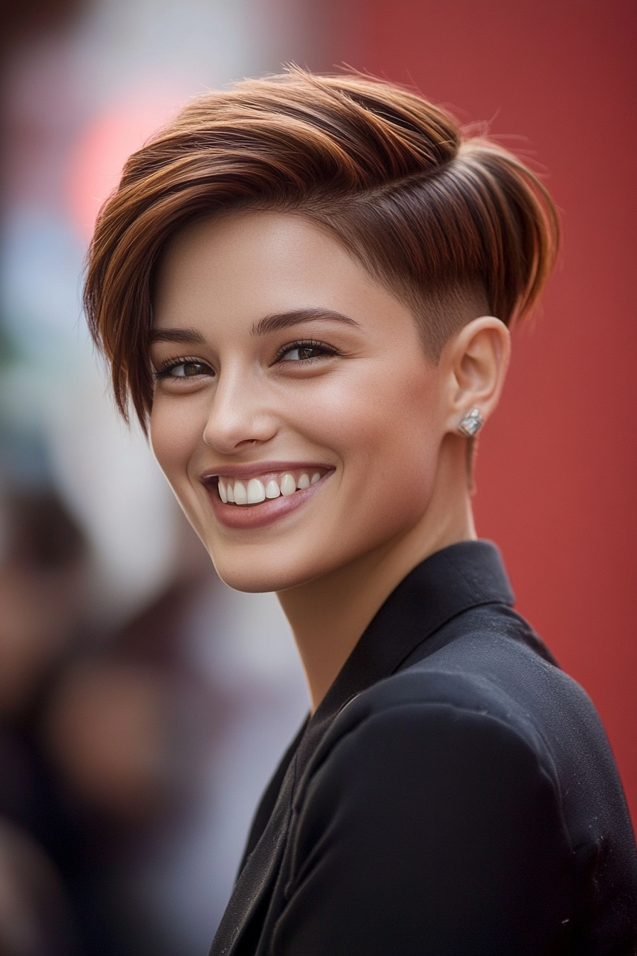19. Classic Chestnut Pixie with Side Fade (Undercut Pixie Hairstyles) - Undercut Pixie Hairstyles