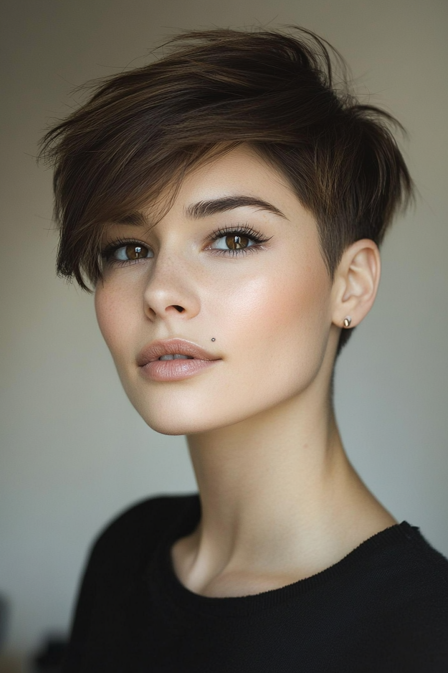 20. Sleek Ash Grey-Toned Brunette Pixie (Undercut Pixie Hairstyles) - Undercut Pixie Hairstyles